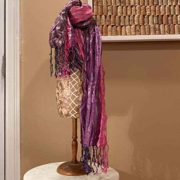 Elizabeth Gillet Pink & Purple Silver Metallic Scarf.  66” length - Picture 4 of 13